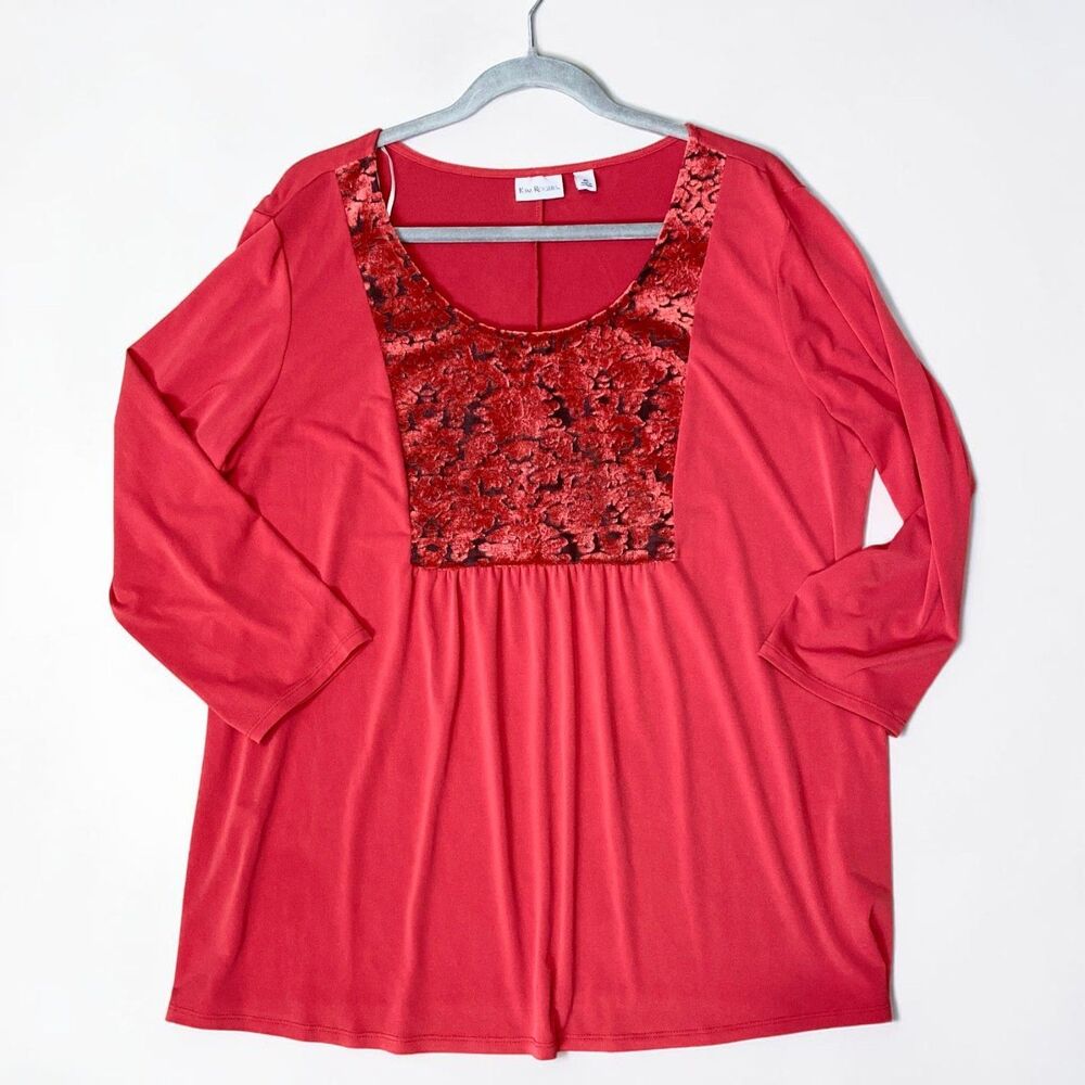 Kim Rogers XL Top Womens Red Velvet Burnout Contrast 3/4 Sleeve Blouse Stretch